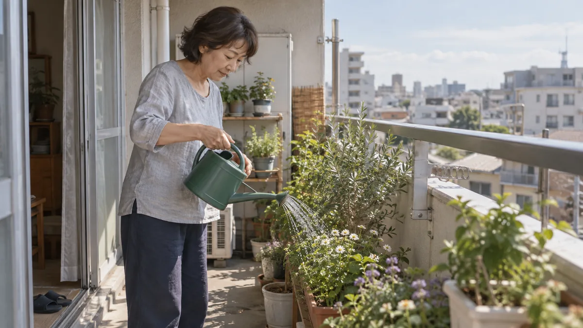 休日の朝、ベランダの植物に水をやる50代の女性