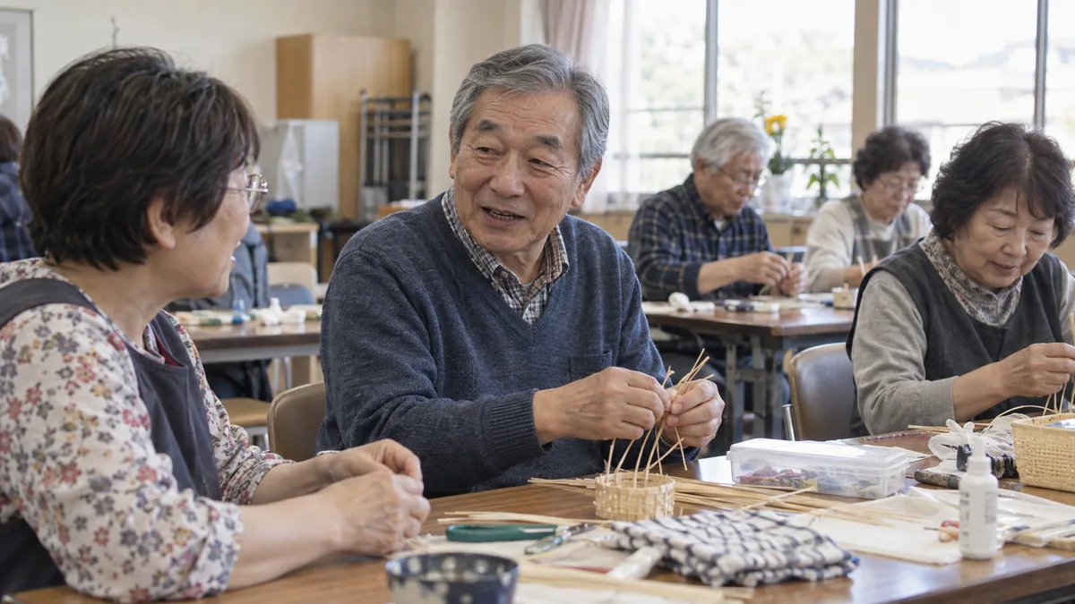 公民館の趣味の教室で、同年代の人と作業しながら談笑する60代の男性