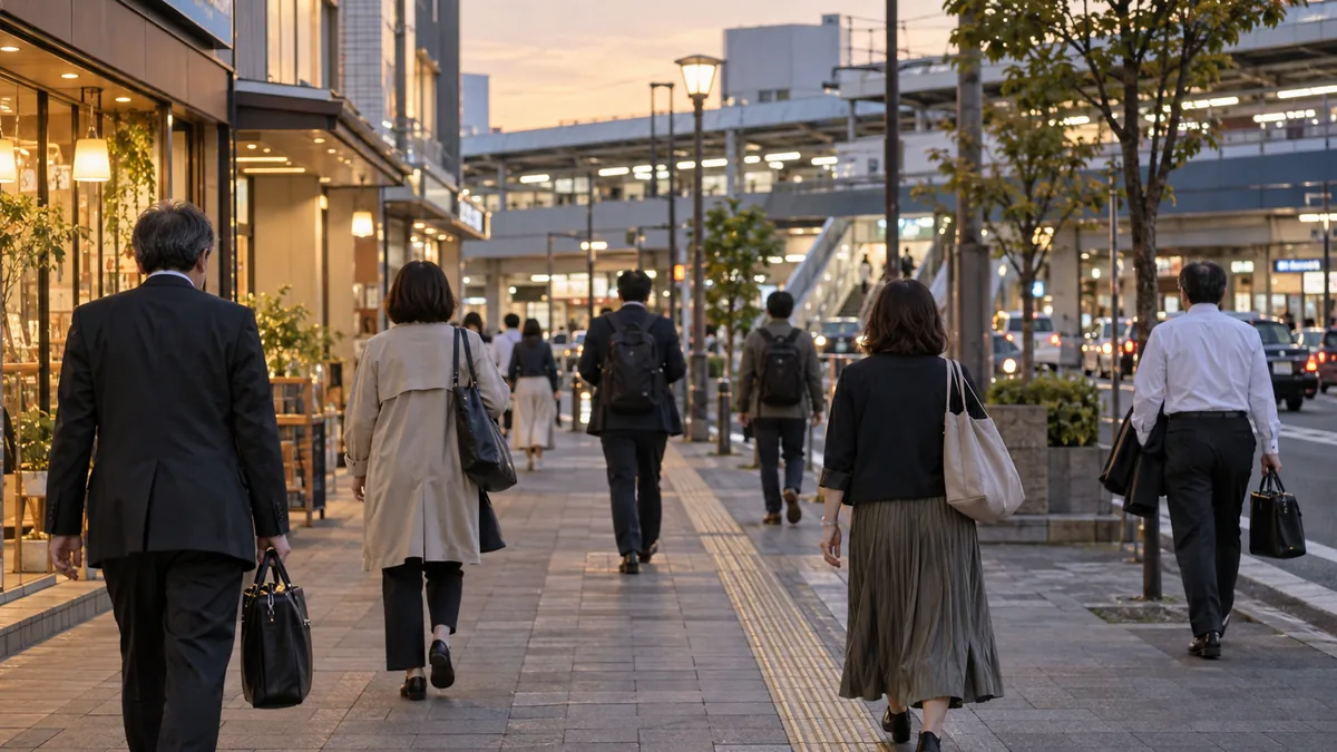 平日の夕方、駅前の通りをそれぞれひとりで歩く40〜50代の男女の後ろ姿