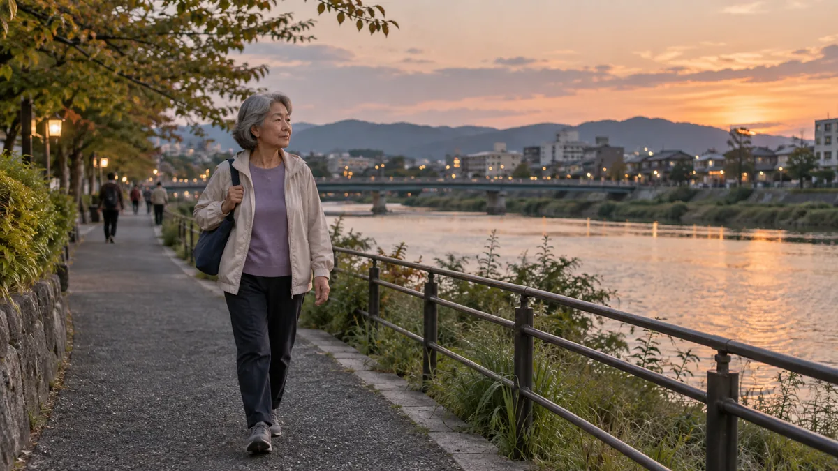 夕暮れの川沿いの散歩道を、自分のペースで歩く60代の女性