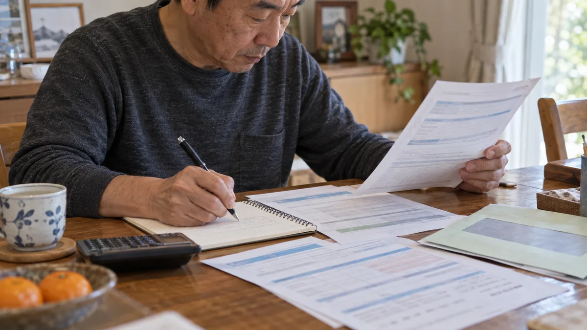 ダイニングテーブルに年金の書類とノートを広げ、メモをとる50代の男性