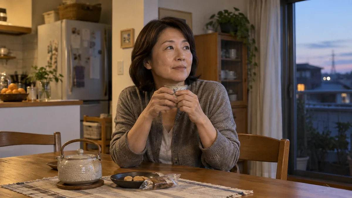 平日の夕方、自宅のダイニングで湯のみを手にひと息ついている50代の女性