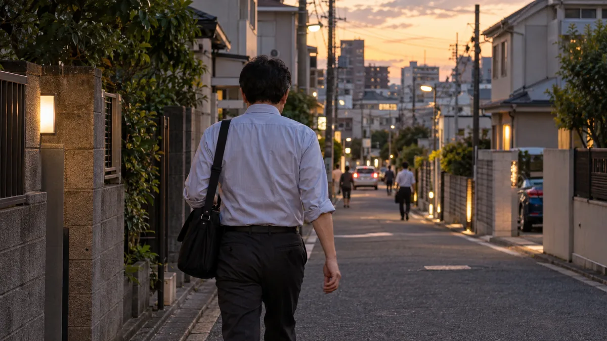 仕事帰りの夕方、駅から家へ向かって歩く40代の男性の後ろ姿