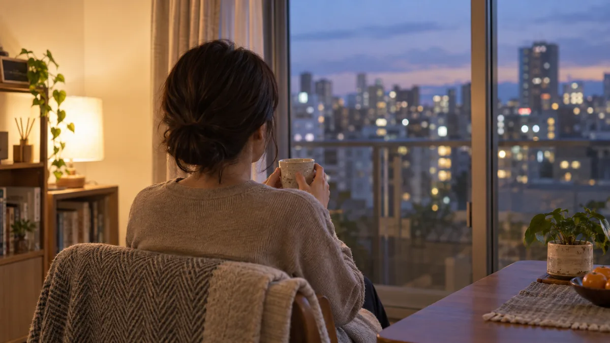 夜、窓辺で湯のみを両手に持ち、街の灯りを眺める40代の女性の後ろ姿