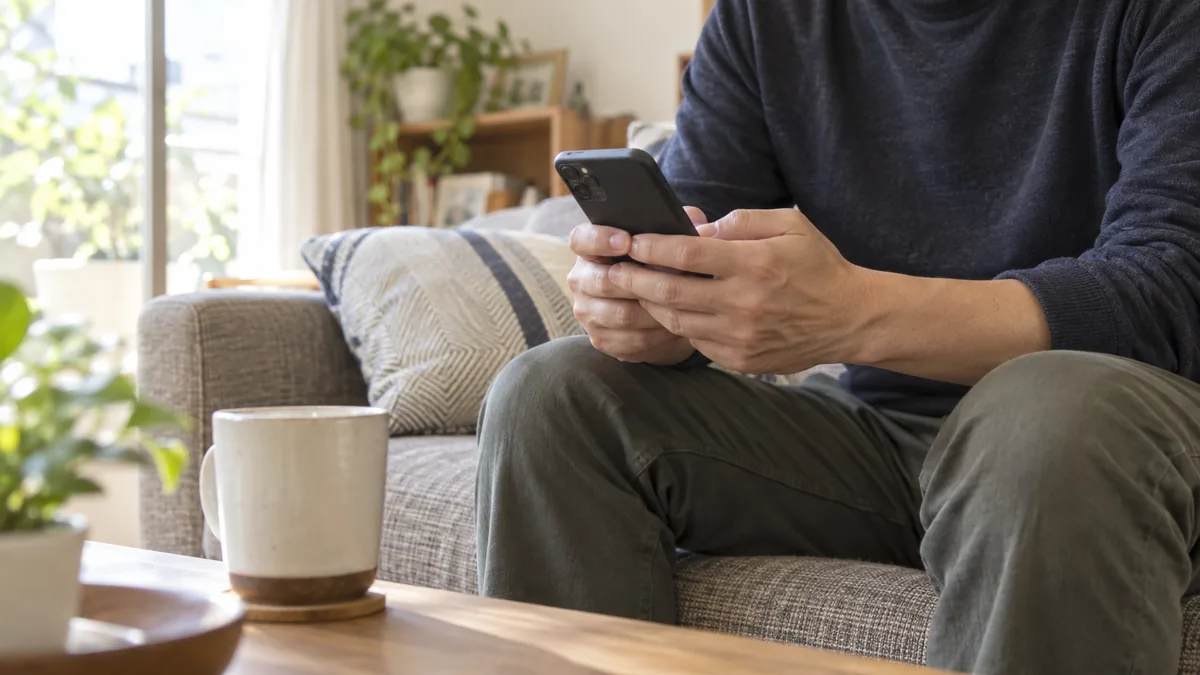 休日の昼、ソファに座ってスマートフォンを手にする40代の男性の手元