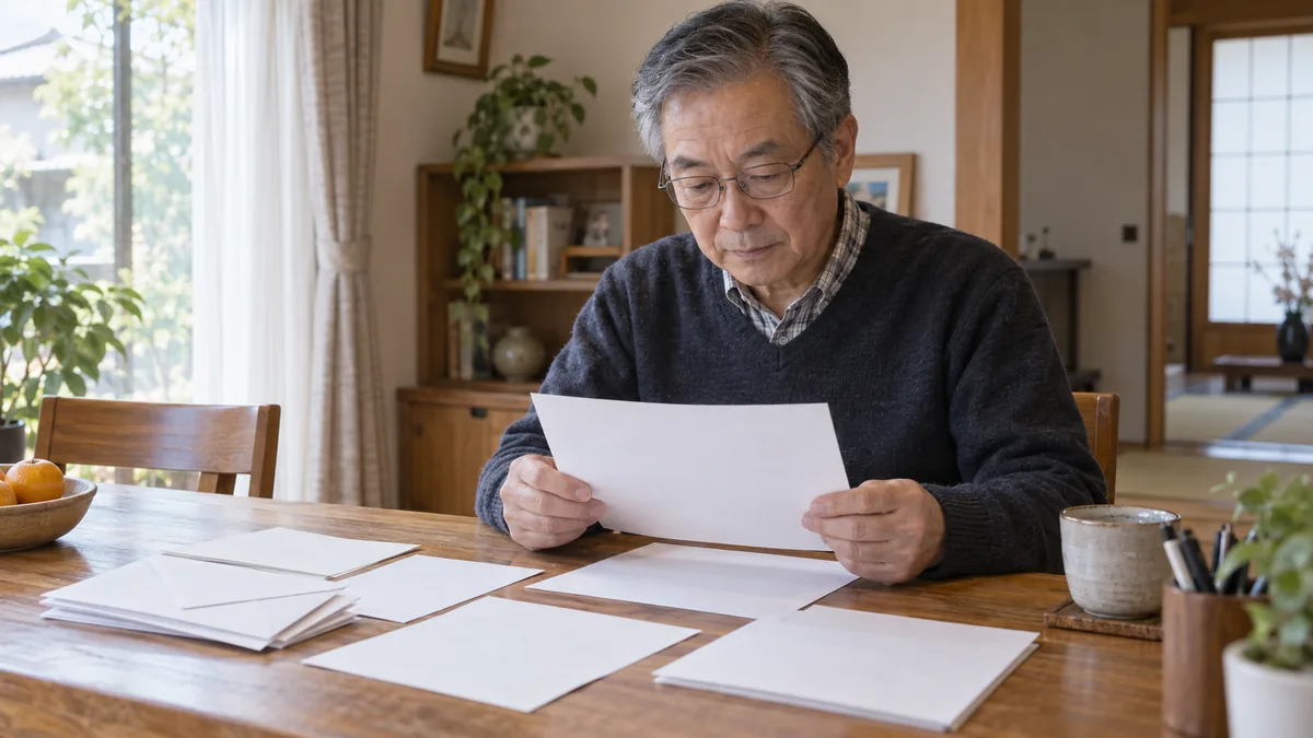 自宅の机で、封筒と書類を広げて内容を確かめている60代の男性