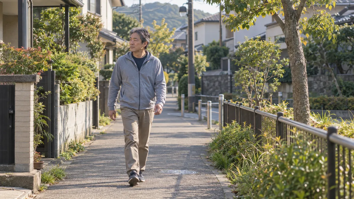 朝の住宅街の遊歩道を、自分のペースで散歩する50代の男性