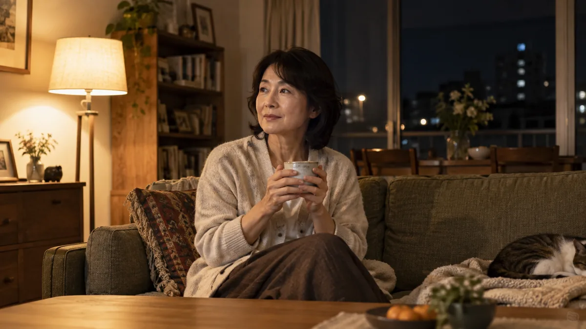 夜のリビングで、湯のみを手にソファで考えごとをしている50代の女性