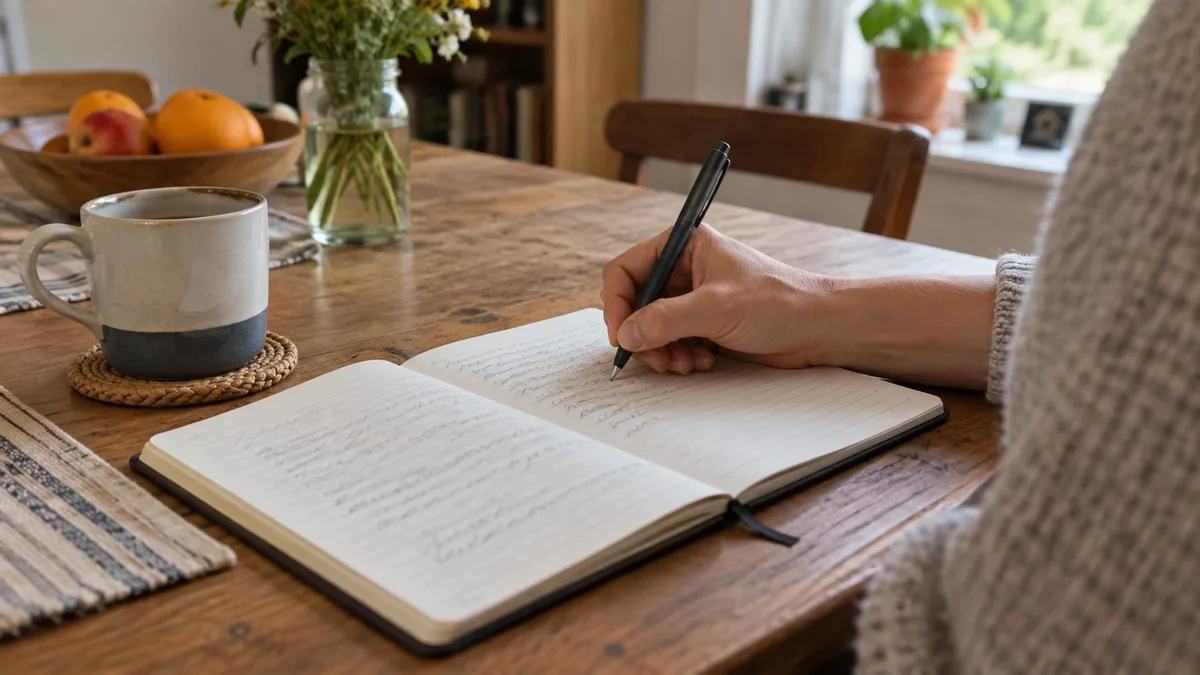 食卓に置いたノートに、手書きでメモを書き出している手元
