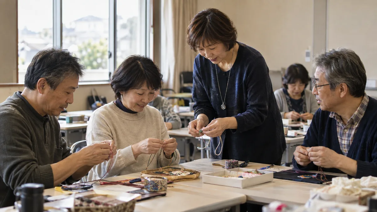 地域の公民館の講座で、同年代の数人と和やかに作業する50代の男女