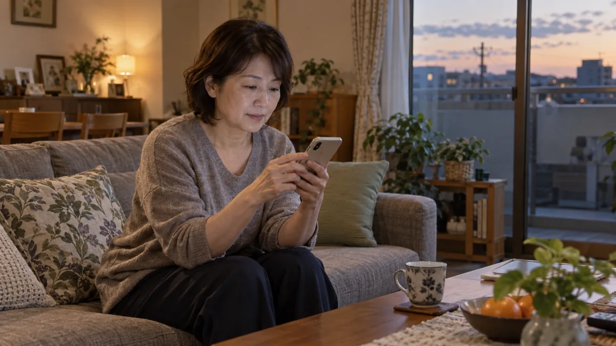 夕方の自宅のリビングで、スマートフォンのメッセージ画面を眺める50代の女性
