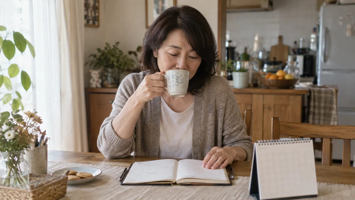 自宅の食卓で、手帳とカレンダーを前にお茶を飲む50代の女性