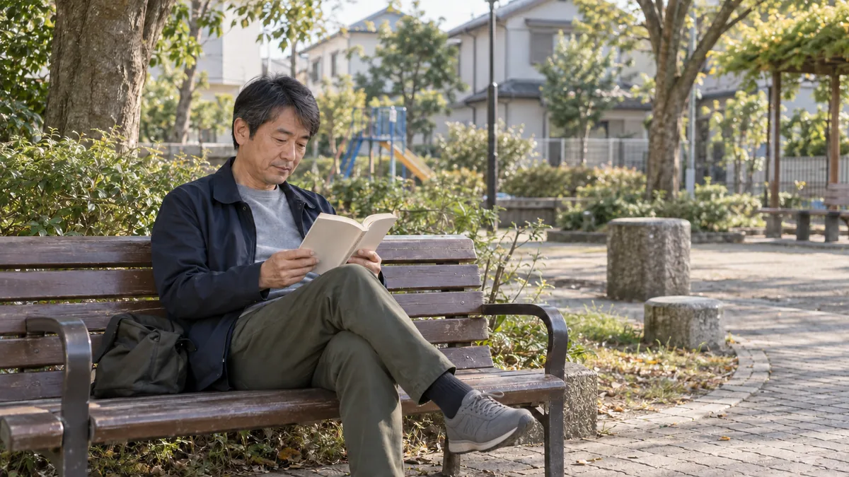 休日の午後、公園のベンチで本を読んで過ごす50代の男性