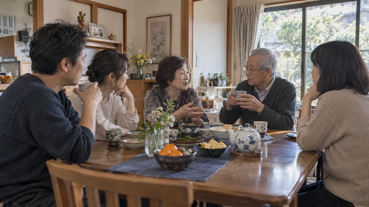 親戚の集まりで、食卓を囲んで穏やかに話している家族