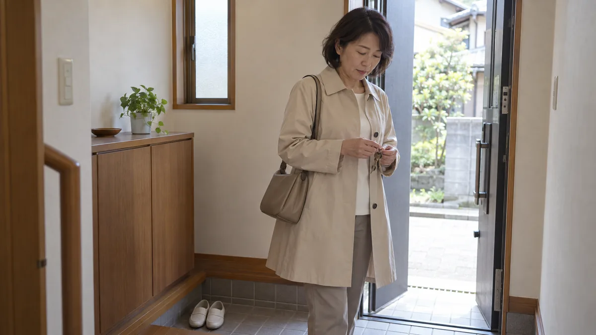 玄関で出かける支度をしている50代の女性