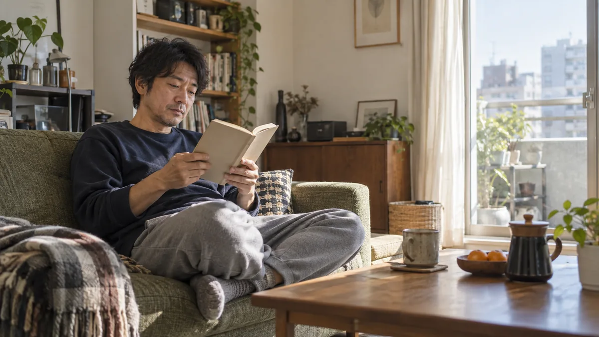 休日の午前、日当たりのよい部屋で自分のペースで本を読む40代の男性