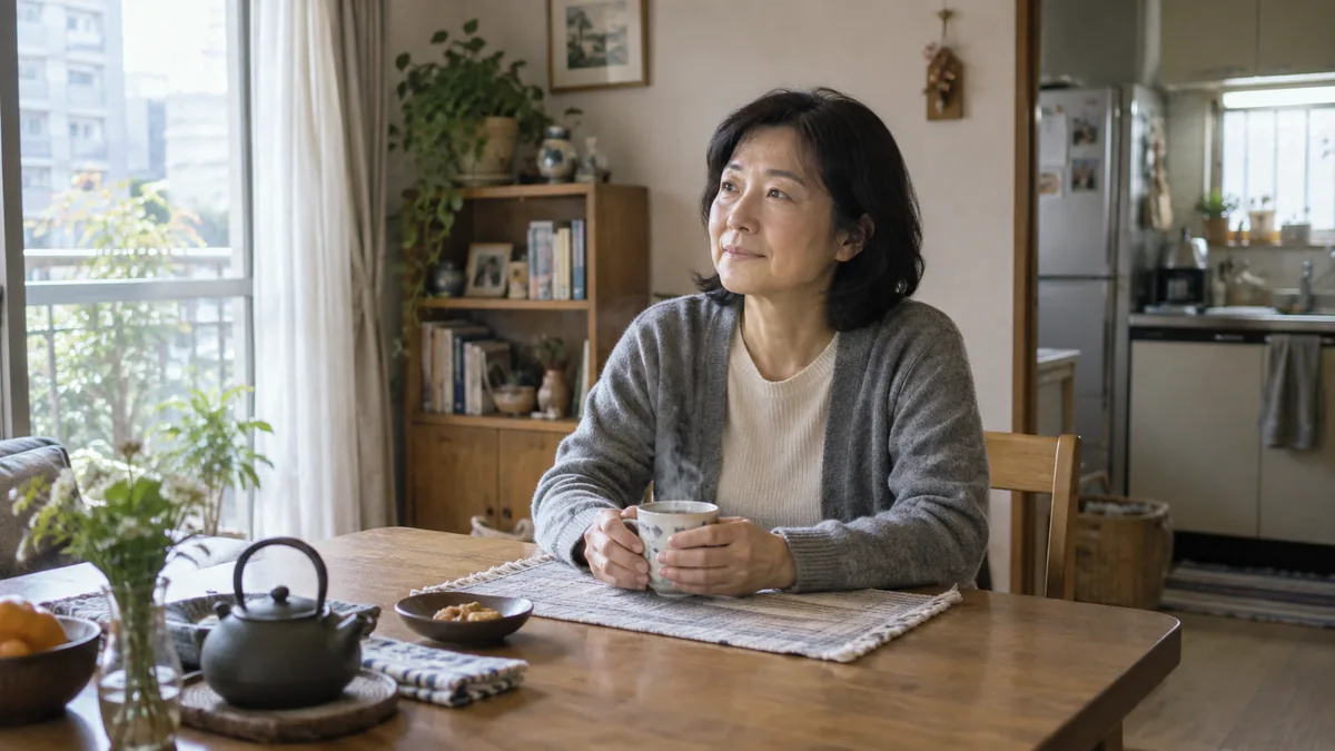朝の食卓で、湯気の立つお茶を前に静かに過ごす50代の女性