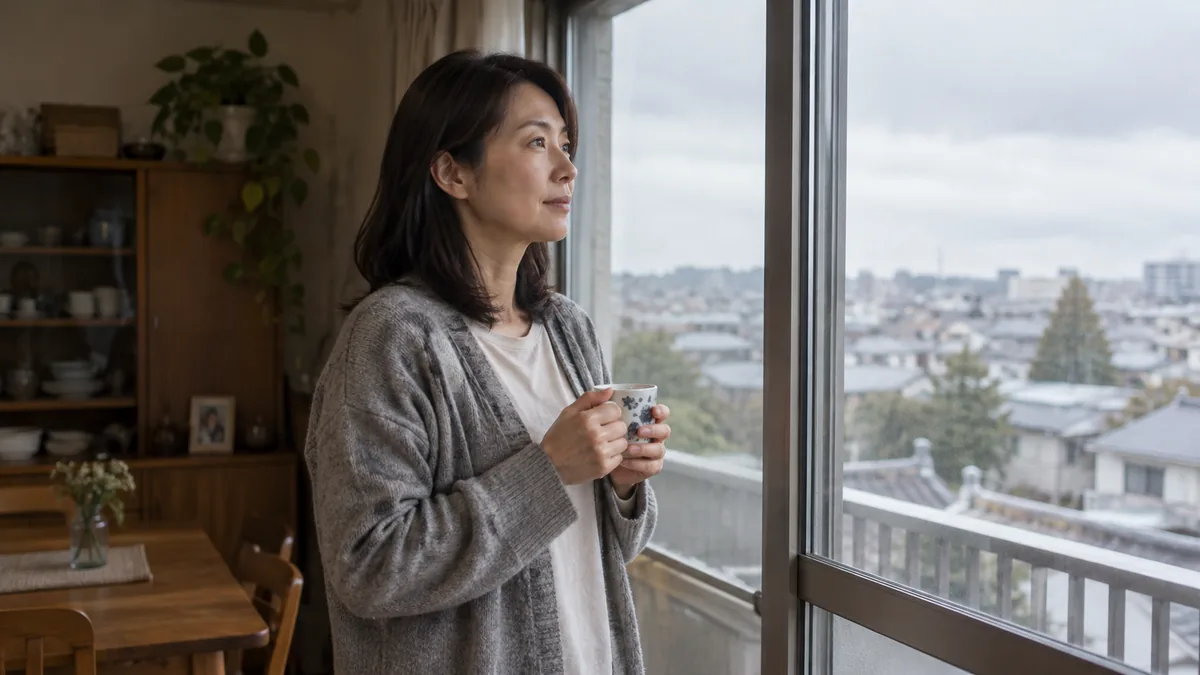 窓辺に立ち、外を見ながら考えごとをしている40代の女性