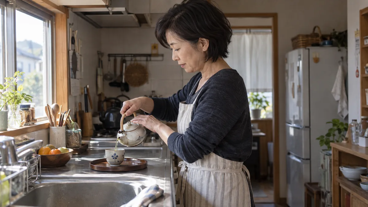 休日の朝、日の入る台所でお茶をいれている50代の女性