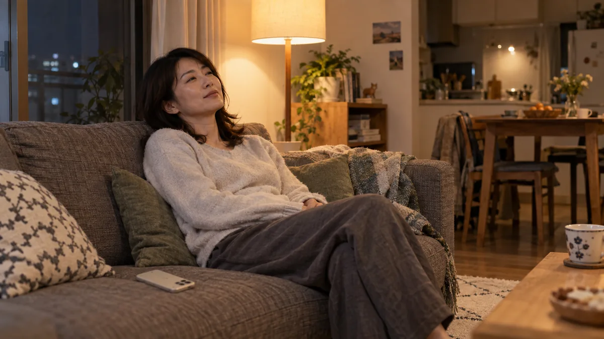 夜の自宅のソファで、スマートフォンを伏せて置き、ひと息ついている40代の女性