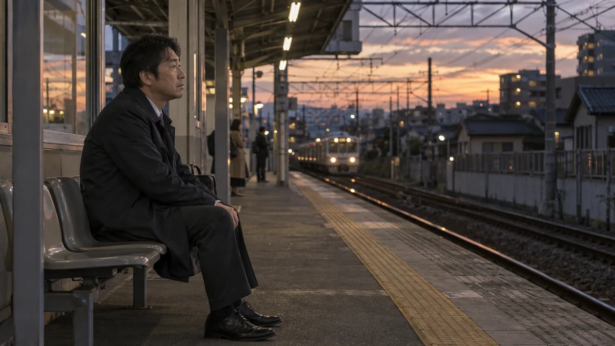 平日の夕方、仕事帰りの駅のホームのベンチに座り、遠くを見ている40代の男性
