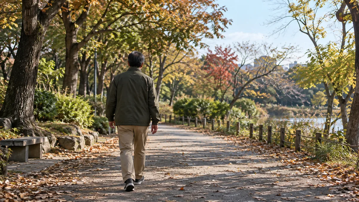 並木道を自分のペースで歩き出す40〜50代の男性の後ろ姿