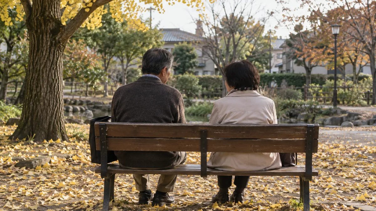 秋の公園のベンチで、少し間をあけて座り話している60代前後の男女の後ろ姿