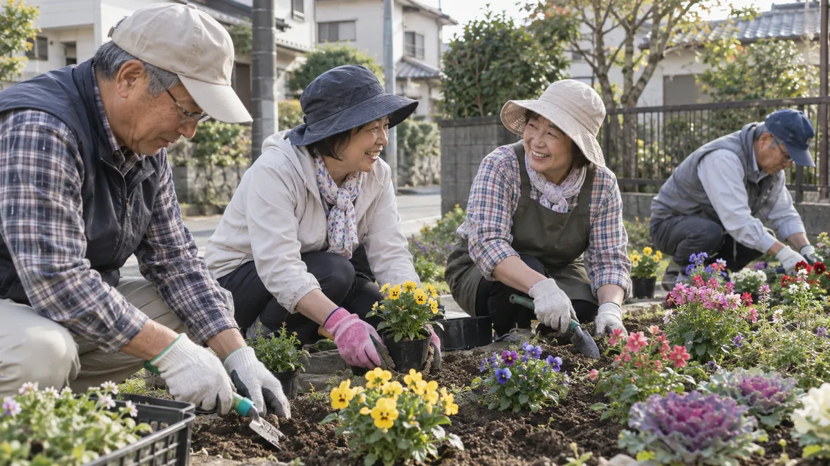 地域の花壇づくりのボランティアで、同世代の男女が作業しながら笑顔で話している様子