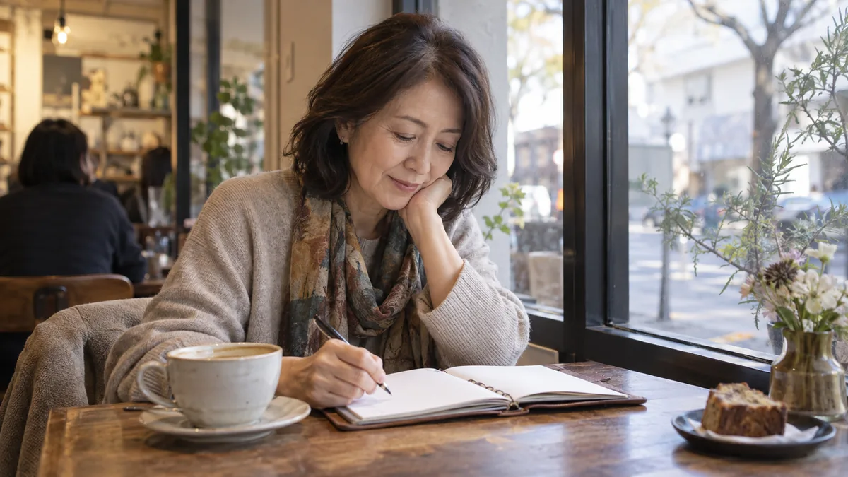 昼下がりのカフェの窓際で、手帳を開いて穏やかに過ごす50代の女性
