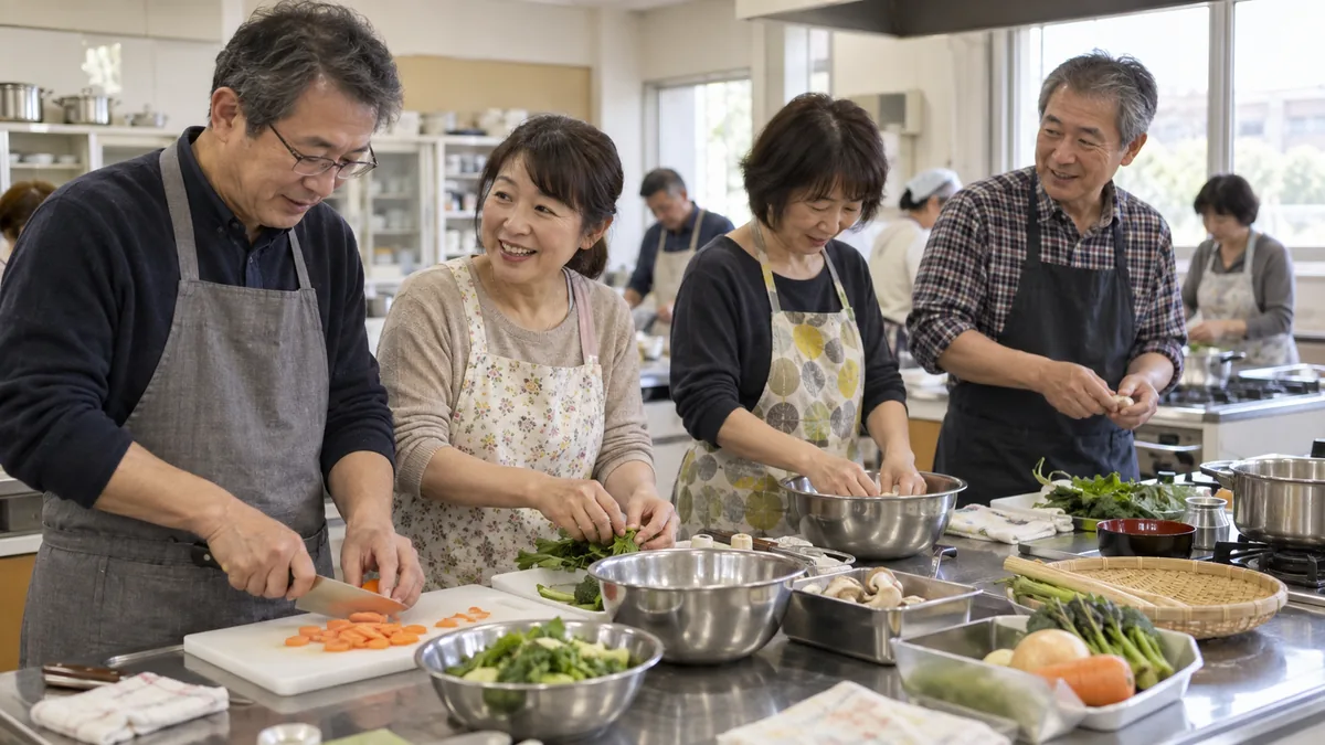 地域の料理教室で、50代の男女が並んで作業をしながら和やかに話している様子