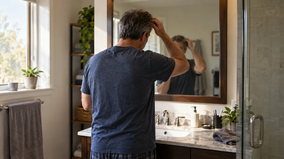 朝の洗面所で、鏡の前に立って身支度を整える50代の人の後ろ姿