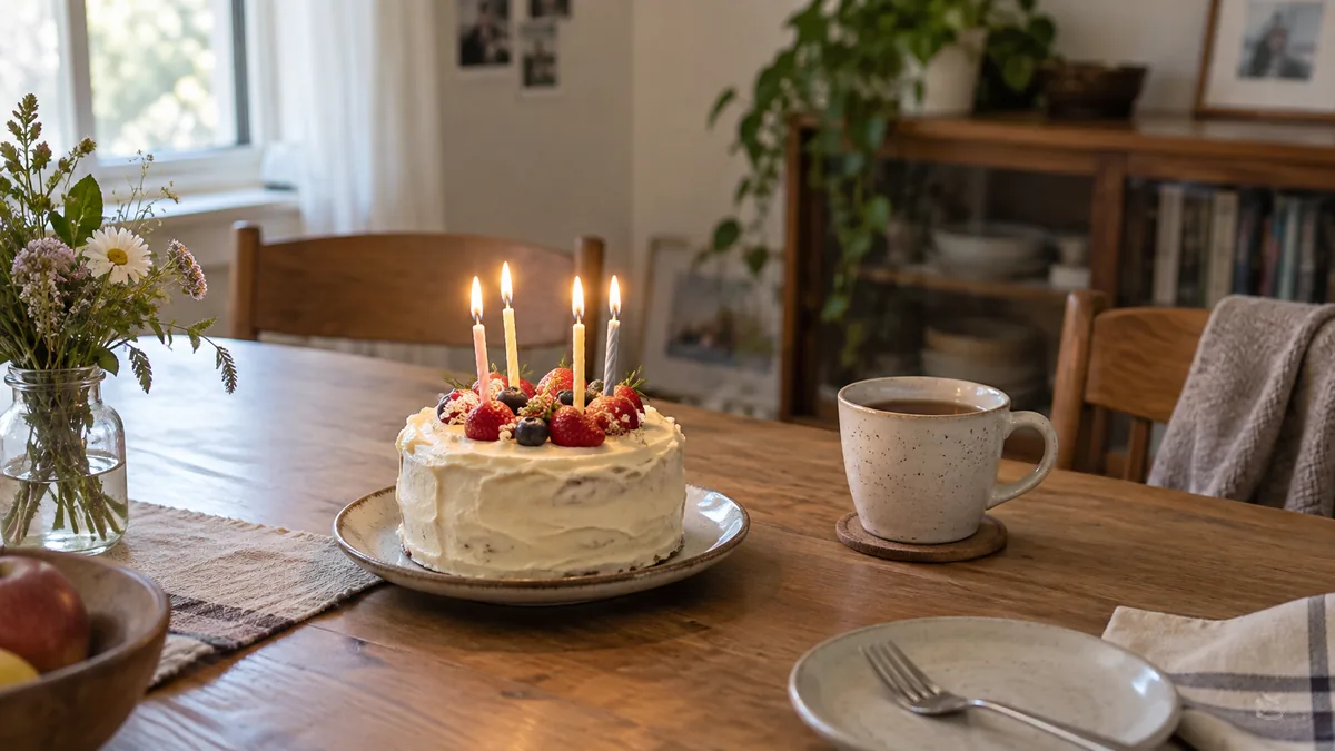誕生日の小さなケーキとお茶が置かれた、落ち着いた木の食卓