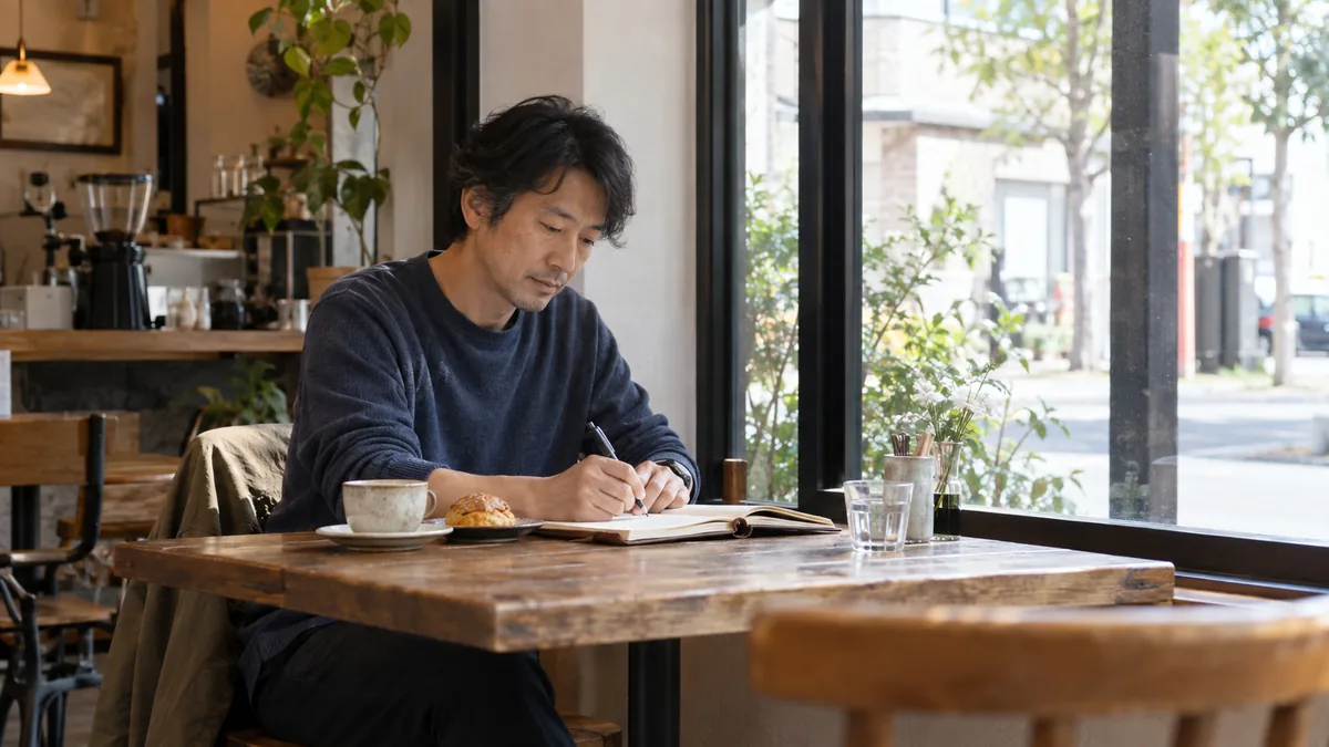 休日の昼、カフェの窓際でひとり手帳を開いている40代の男性