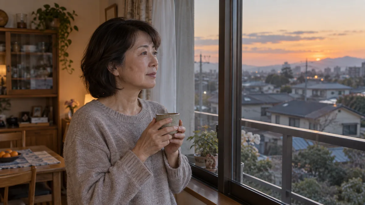 夕方の自宅で、湯のみを手に窓の外を眺める50代の女性