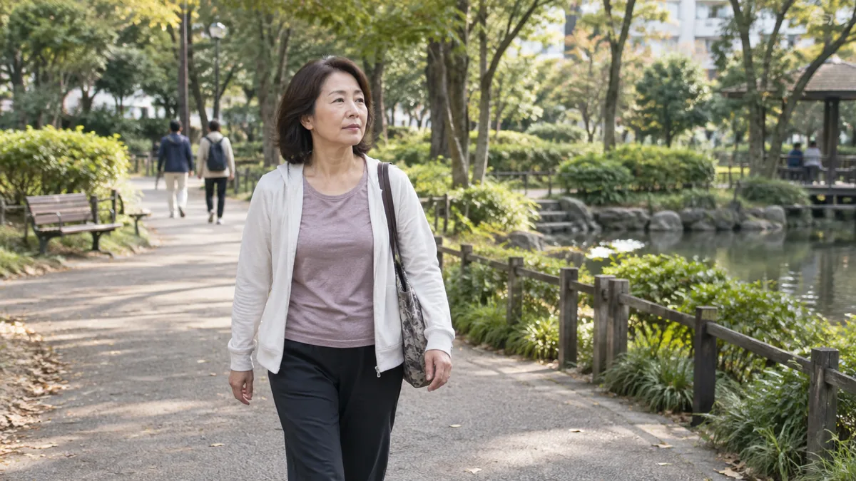 公園の散歩道を、自分のペースで歩く50代の女性