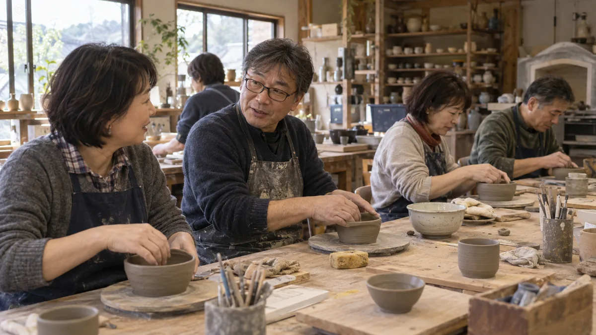 地域の陶芸教室で、同年代の人と穏やかに話しながら作業する50代の男女