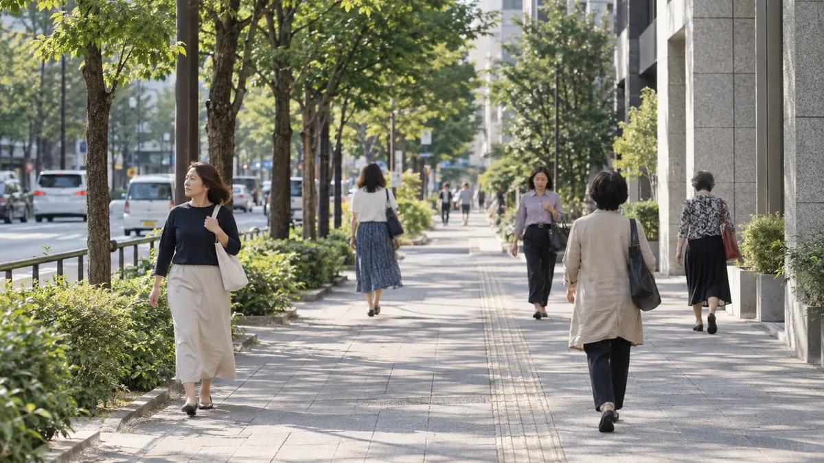 街の並木道を、それぞれのペースで歩く年代の異なる女性たち