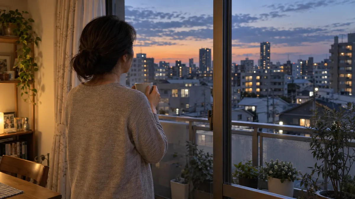 夕方の窓辺で温かい飲み物を手に、外を眺めて考えごとをする女性の後ろ姿