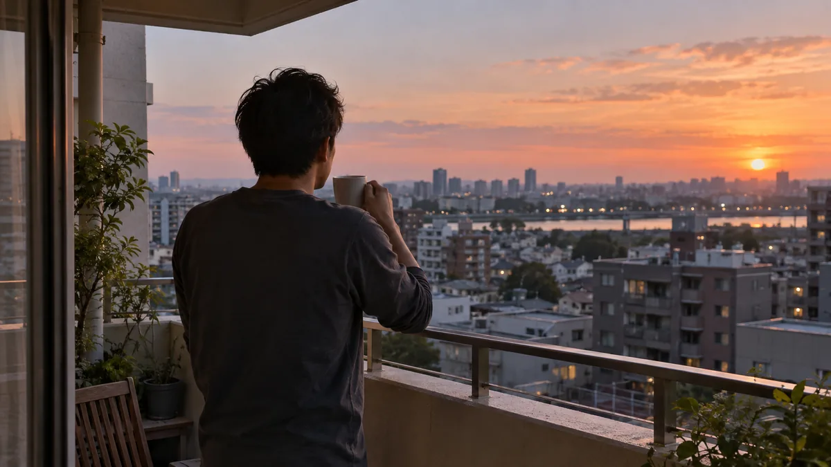 夕方のベランダで、コーヒーを手に街を眺める男性の後ろ姿