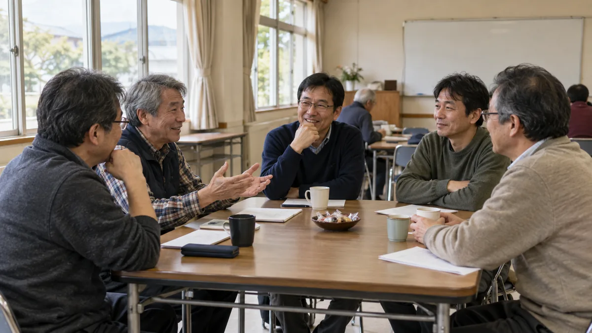 地域の講座で、同世代の男性たちがテーブルを囲んで和やかに話している様子