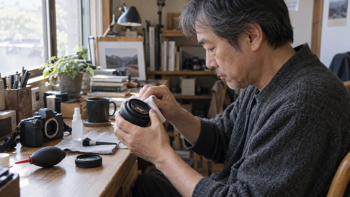 休日の朝、自宅の作業机でカメラのレンズを手入れする50代の男性の手元と横顔