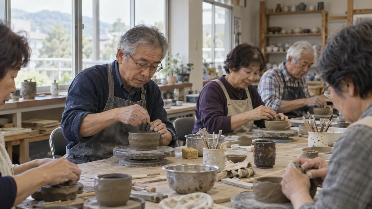 地域の公民館の講座で、同年代の人と作業をする60代の男性