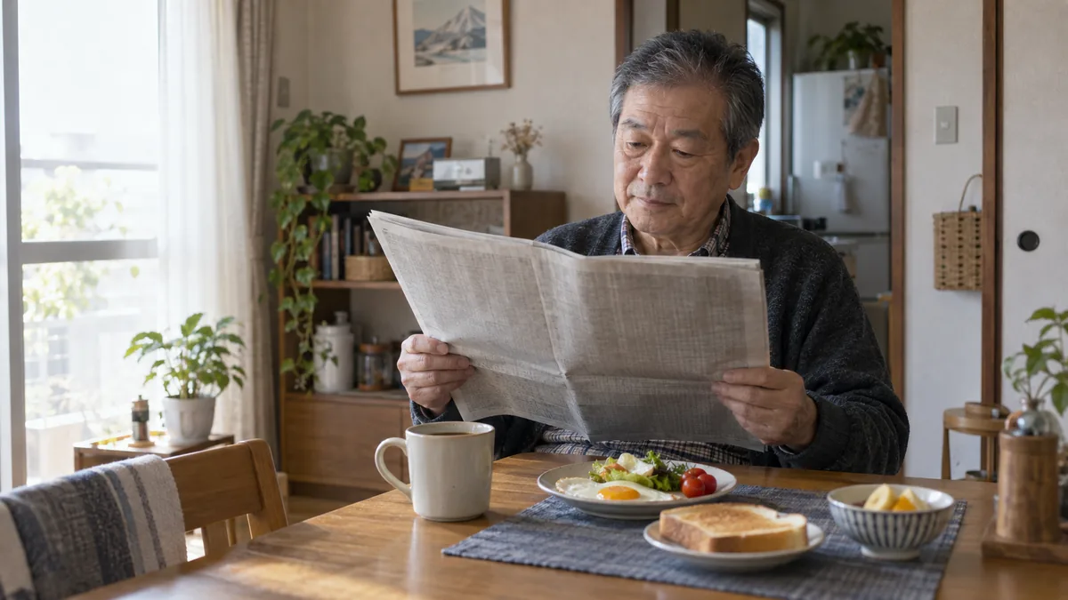 朝の自宅の食卓で、新聞とコーヒーを前に過ごす60代の男性