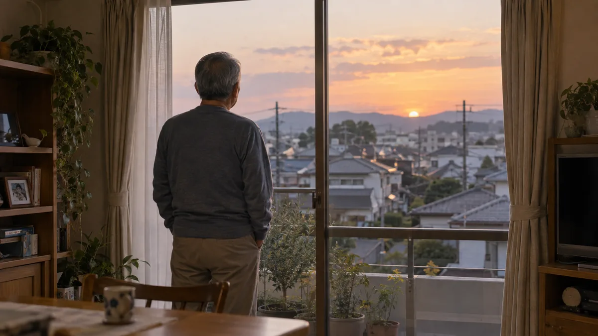 夕方、自宅の窓辺で外を眺める60代の男性の後ろ姿