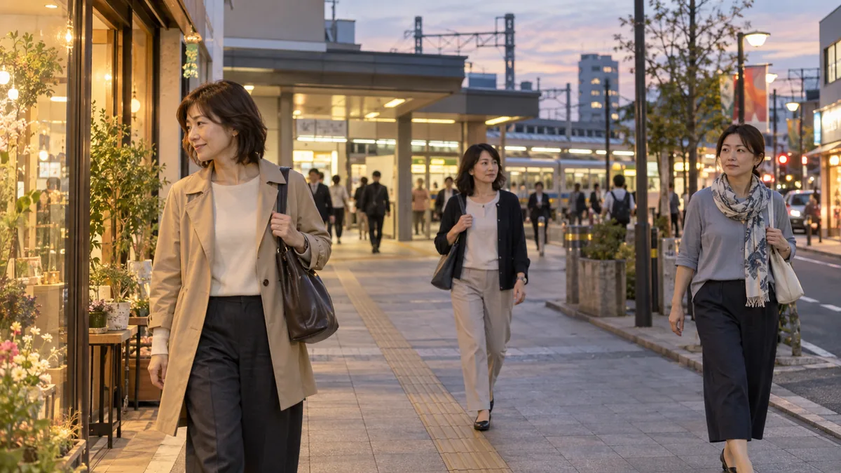 夕方の駅前の通りを、それぞれのペースで穏やかに歩く40代の女性たち