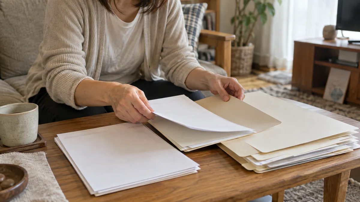 リビングのテーブルに並べた書類とファイルを整理する女性の手元