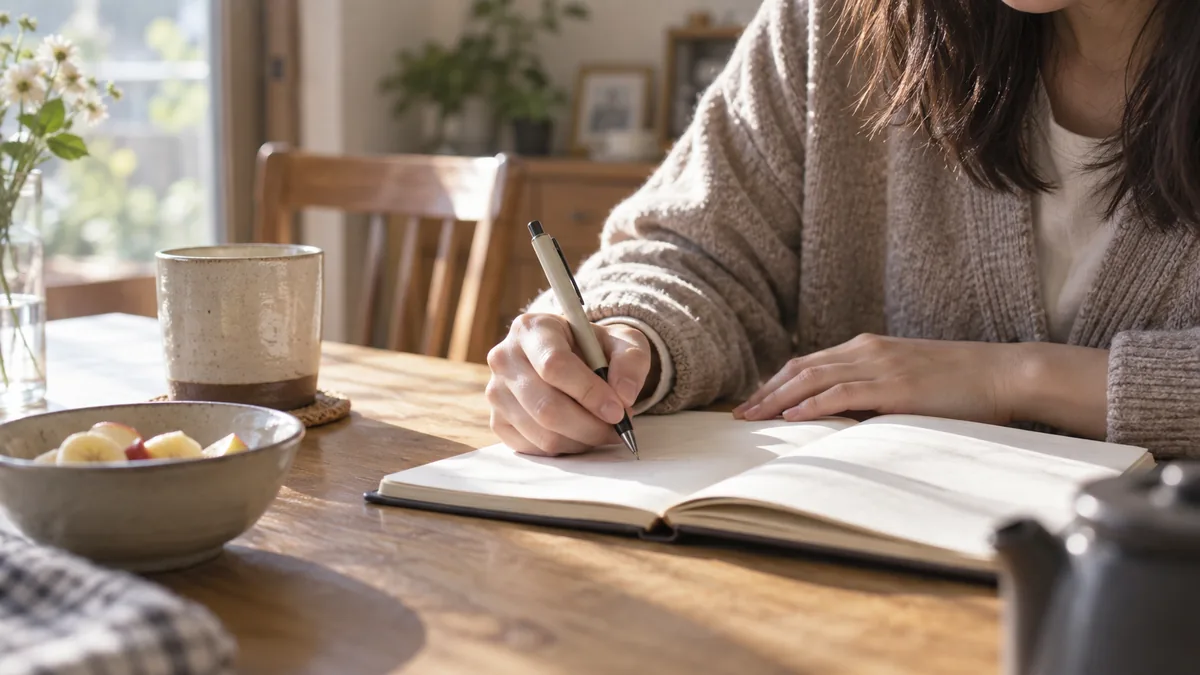 朝の光が入るダイニングテーブルで、ノートに書き出しをする女性の手元