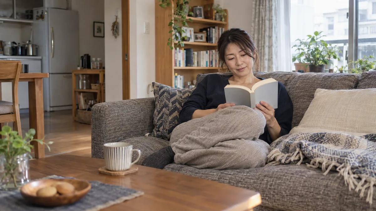 休日の午後、自宅のソファで本を読みながら紅茶を飲む40代の女性