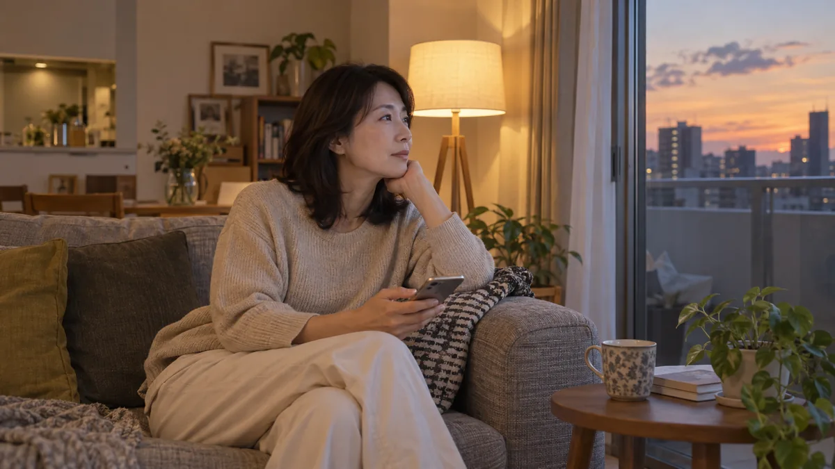 夕方の自宅のソファで、スマートフォンを手に静かに考えごとをする40代の女性