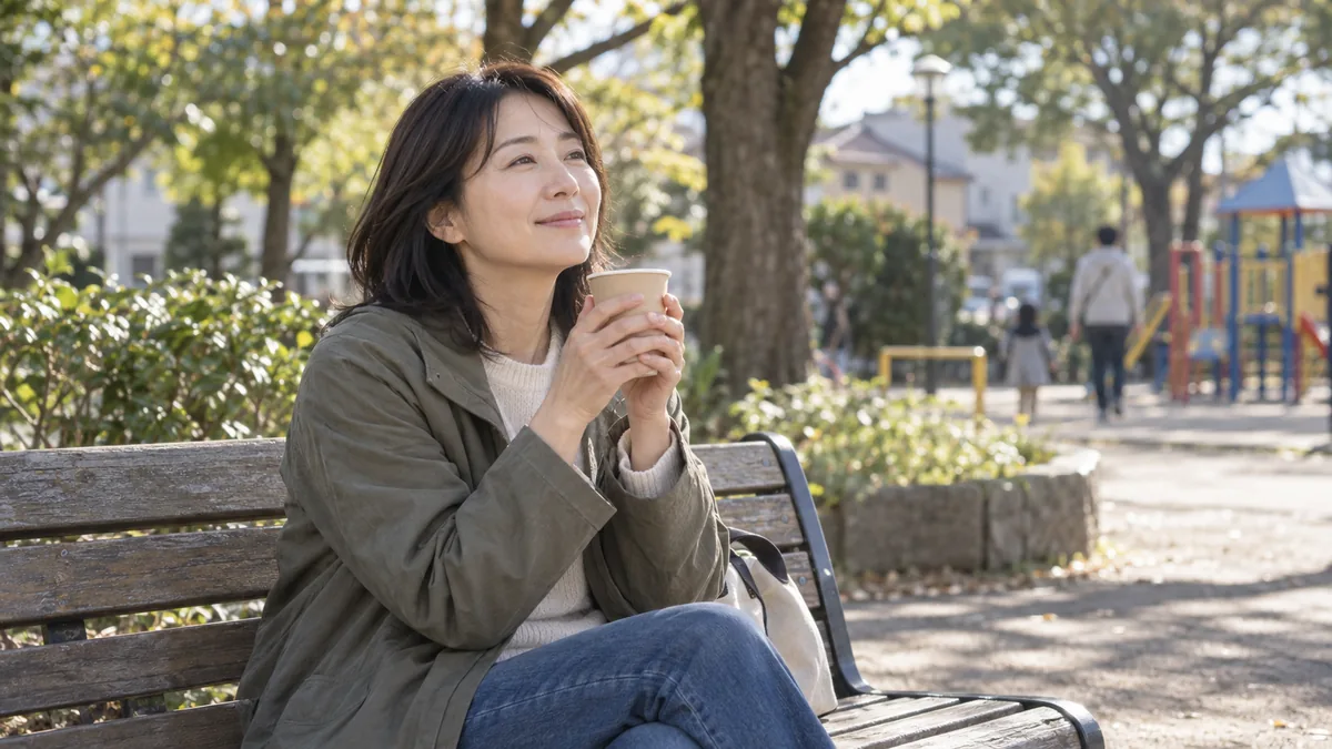 週末の午前、公園のベンチで温かい飲みものを手にひと息つく40代の女性